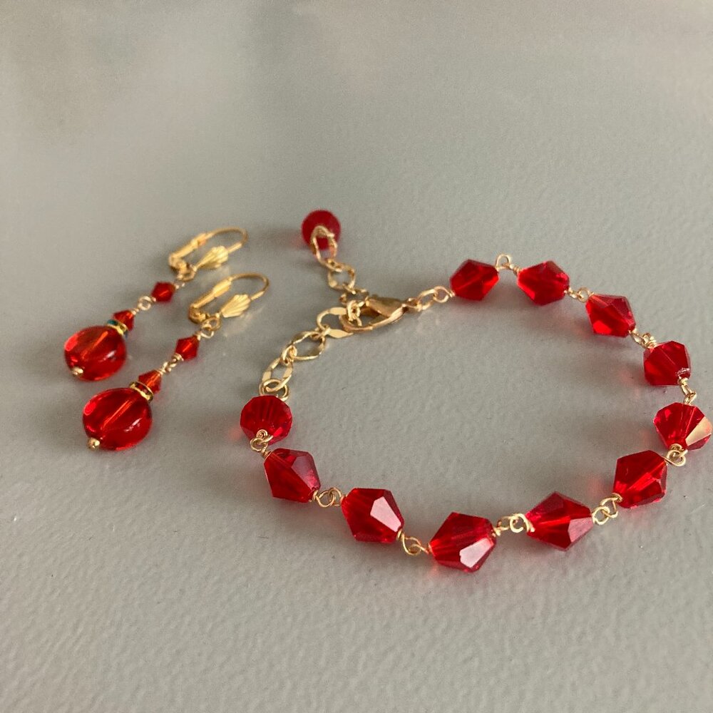 Handmade Gold and Red Crystal Bracelet & Earring Set